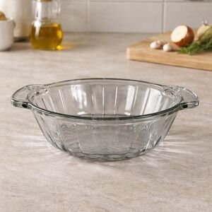 Vintage Clear Glass Handled Bowl Ribbed Glass Serving Bowl